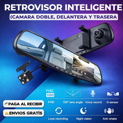 Retrovisor Inteligente ProVisionHD con Cámara Doble — Frontal 1080p + Reversa con Líneas de Guías